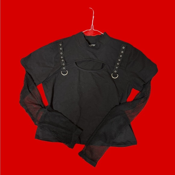 Hot Topic Black Long Sleeve Tee with Mesh Sleeves - Picture 1 of 5